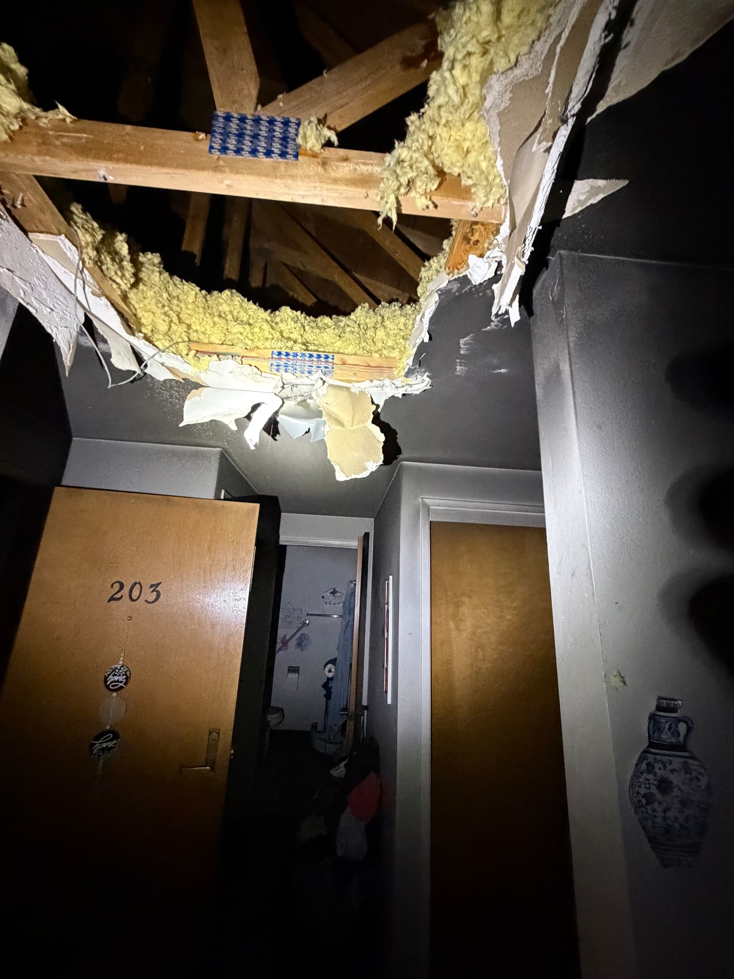 Fire burned through an apartment hallway ceiling, exposing framing and insulation above unit 203