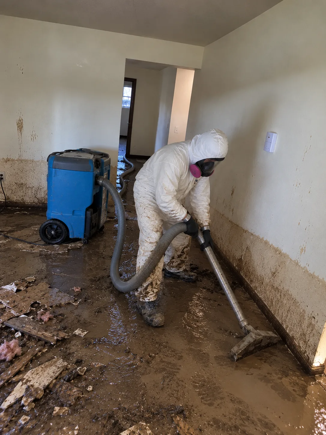 Soundview Restoration technician in full protective equipment extracting contaminated water from a flooded Seattle room