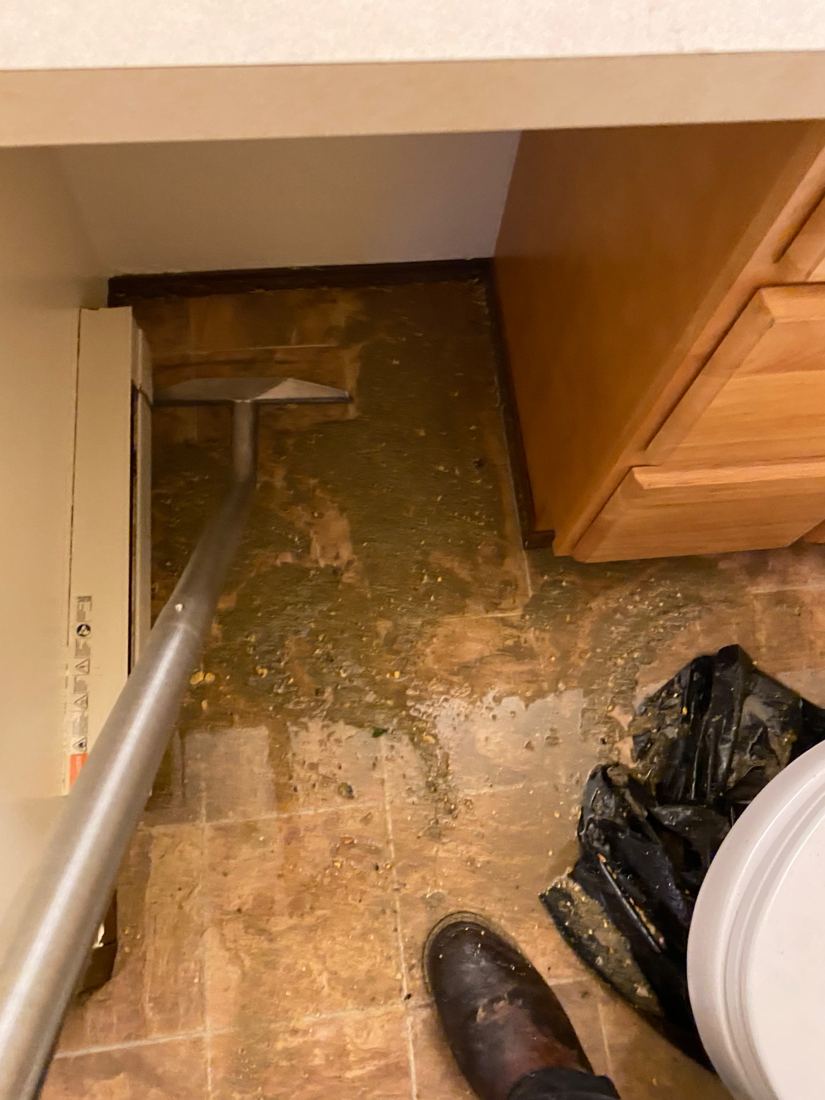 Soundview extraction wand removing water from a bathroom tile floor beside a toilet after an overflow
