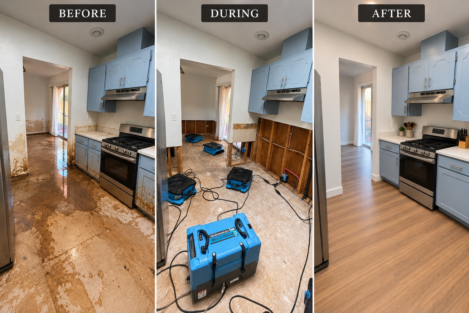 Three-stage photo of a Seattle kitchen flood restoration: before with standing water on the floor, during with cabinets removed and blue drying equipment running, and after with new blue cabinets and wood-look flooring