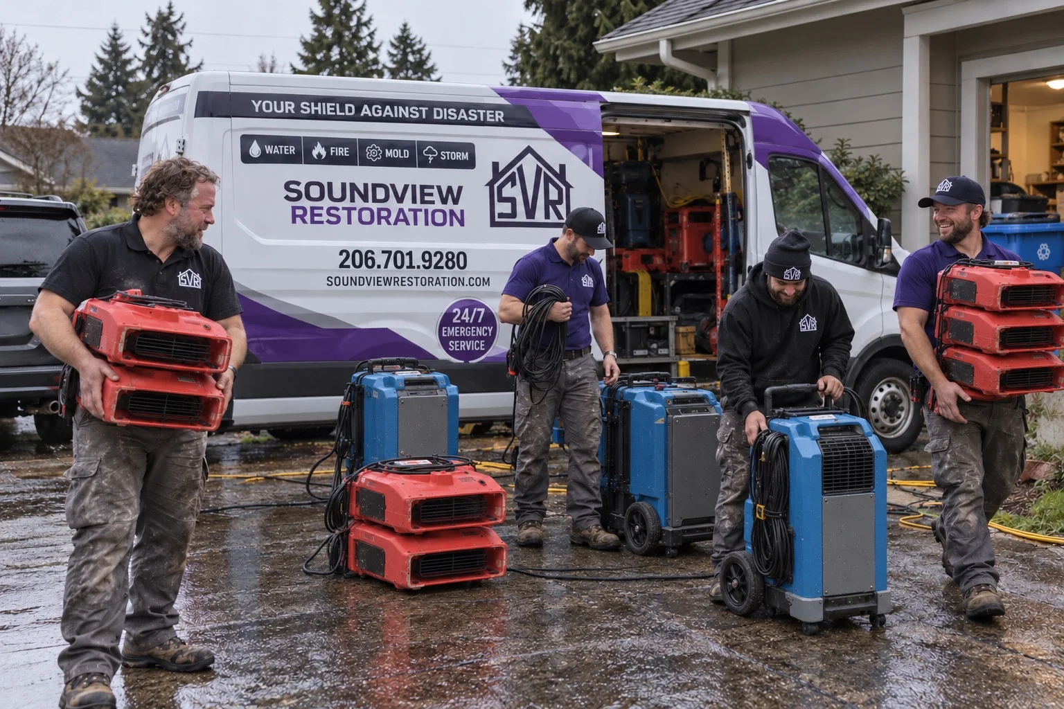 Soundview Restoration technicians unloading professional water damage drying equipment from their service van in Seattle, WA.
