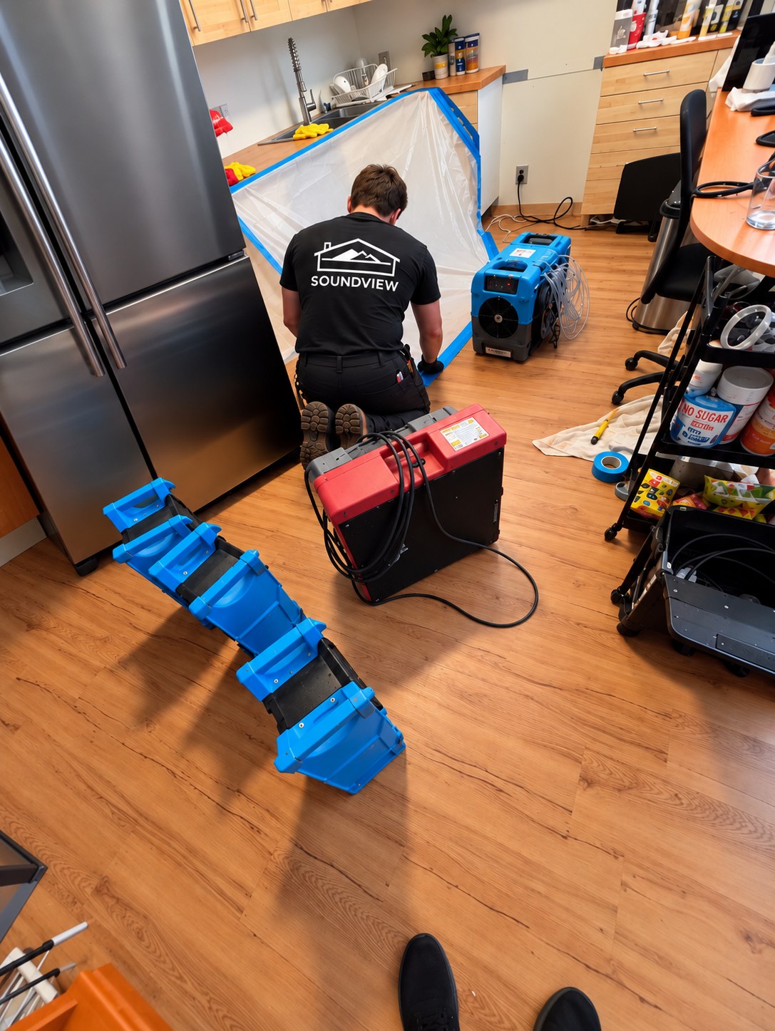 Soundview Restoration technician installing containment with drying equipment in a water-damaged kitchen